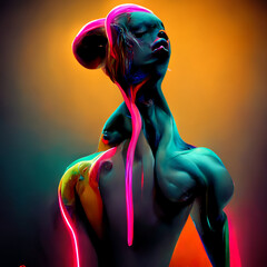 Futuristic abstract portrait in neon colors. Digital 3D figurative illustration with glowing fluid shapes - 518325049
