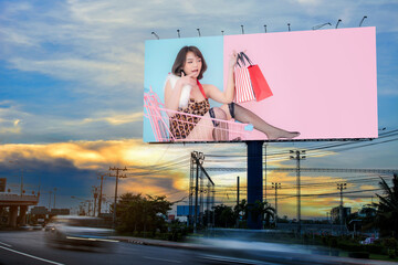 Portrait of young attractive beautiful Asian woman hold the shopping bags with blue and pink pastel...