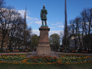 A statue in Helsinki with a seagull on top
