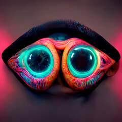 Futuristic cyber double iris illustration in neon colors. Psychedelic digital eye with glowing fluid shapes