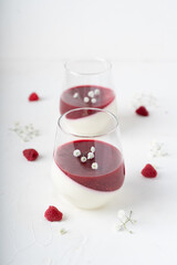 Obraz na płótnie Canvas Italian dessert with raspberries. Creamy panna cotta with berry confit. White background with dessert. Gypsophila decoration.
