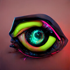 Futuristic cyber eye illustration in neon colors. Psychedelic digital eye with glowing fluid shapes
