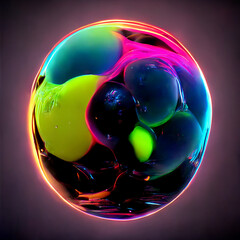 futuristic neon 3D bubble or sphere with 3d liquid shapes inside, circle objects with gradient texture, glowing fluid shapes. Modern design, 3D render - 518325427