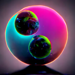 futuristic neon 3D bubble or sphere with 3d liquid shapes inside, circle objects with gradient texture, glowing fluid shapes. Modern design, 3D render - 518325479