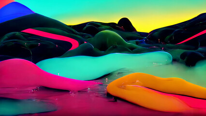 futuristic neon 3D landscape with liquid shapes, glowing fluid shapes. Modern 3d fluid design - 518325620