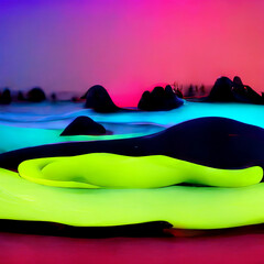 futuristic neon 3D landscape with liquid shapes, glowing fluid shapes. Modern 3d fluid design - 518325647