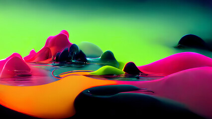 futuristic neon 3D landscape with liquid shapes, glowing fluid shapes. Modern 3d fluid design - 518325671
