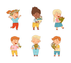 Preschool kids holding bouquet of flowers and smelling it set vector illustration