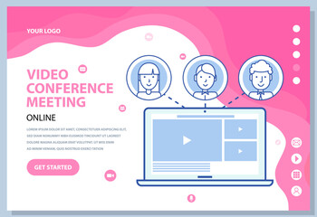 Remote comunication website template. Distance chatting, learning and meeting online via teleconference. Virtual conference, working on social media. Video meeting, work from home, freelance concept