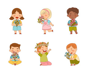Preschool kids holding spring flowers and smelling it set vector illustration