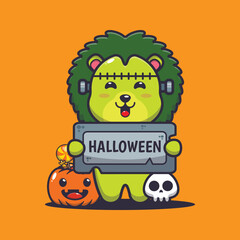 cute zombie lion holding halloween greeting stone
