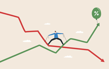 Economic downturn and Inflation. slowing or worse as inflation rises. stock market slump. .World economy recession. Businessman tries to pull the graph up with a rope.