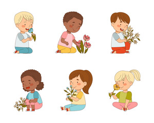 Cute little boys and girls smelling spring flowers set vector illustration