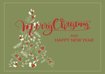 Vector. Merry Christmas and Happy New Year floral background, text design. Rustic horizontal template for a Christmas card, party invitation and other promotional items. Hand-drawn sketch.