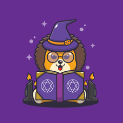 cute witch lion reading spell book