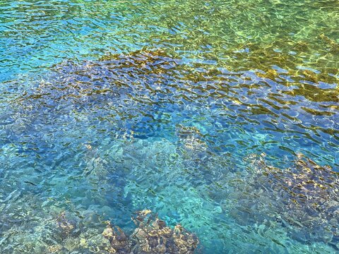 Turquoise sea water with glittering surface.