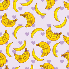 Banana seamless background with a beautiful violet background with hearts polka dots. Fresh template.  Childish style, abstract pop art on pink with polka dots. Creative texture for fabric, wrapping.