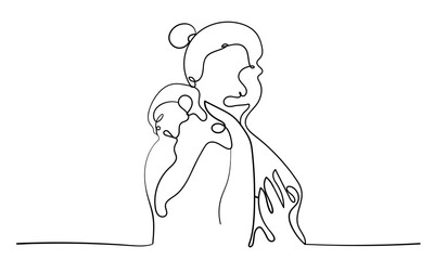 Continuous one line drawing of mother carry her child on white background Happy Mother's Day Vector illustration Design for Artwork website card Background Banner poster flyer 