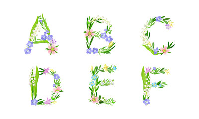 Floral alphabet. A,B,C,D,E,F letters made of spring flowers and leaves vector illustration