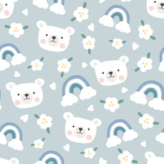 Cute white polar bear happy face on a pastel grey blue background with rainbows, flowers and clouds. Kids sky pajama, wrapping paper, fabric and textile print