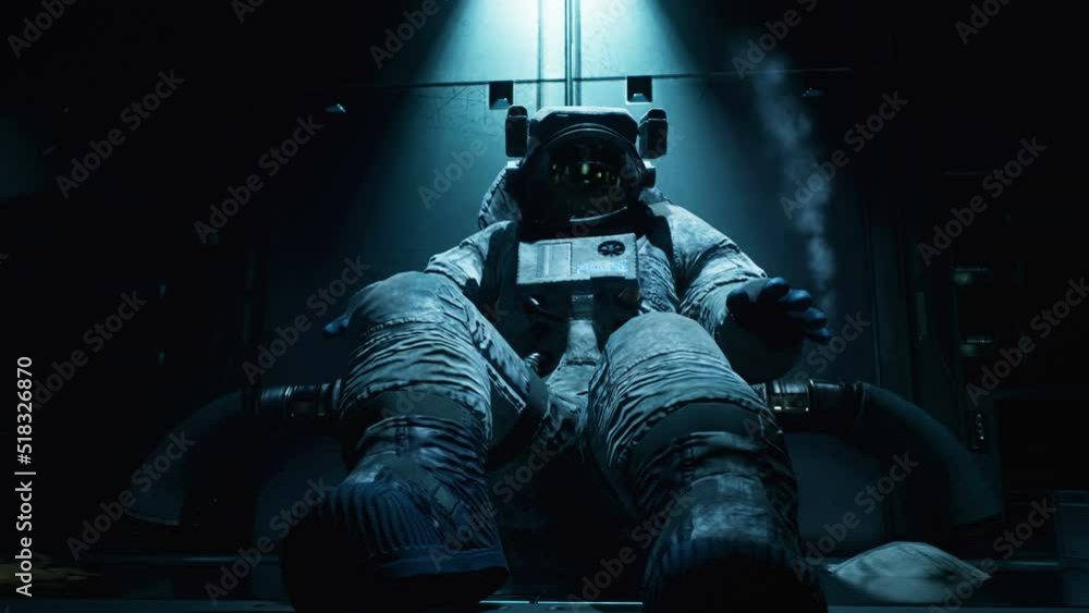 Wall mural a wounded but surviving astronaut lies in the cabin of a spaceship. concept of a surviving astronaut