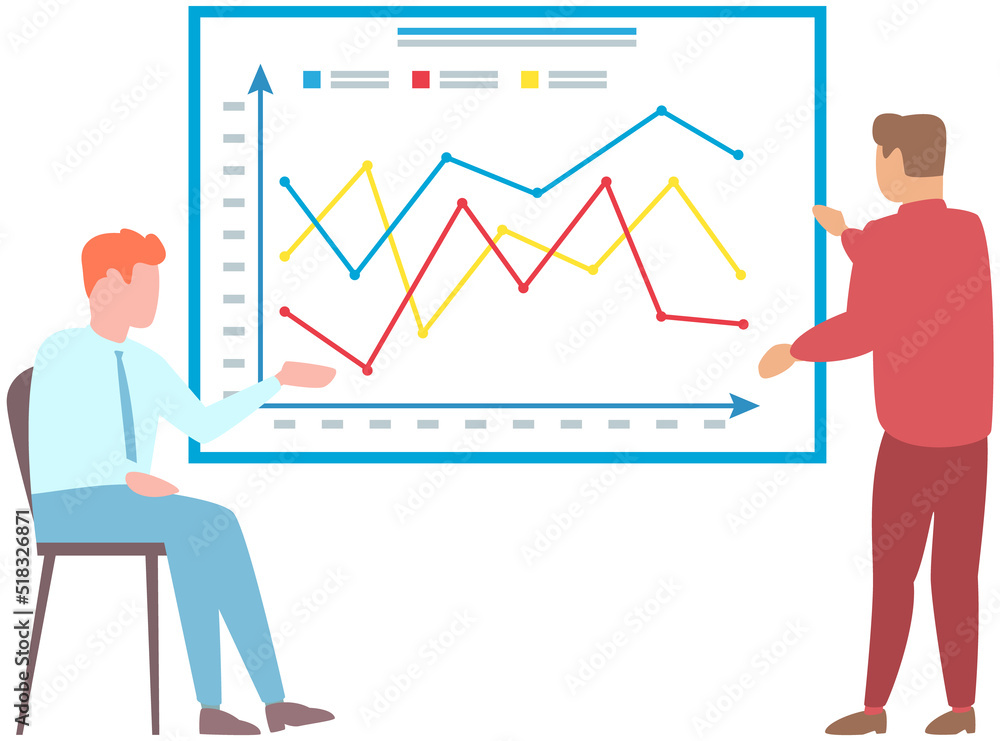 Poster manager makes presentation of statistical report analysis charts. planning business. teamwork consul