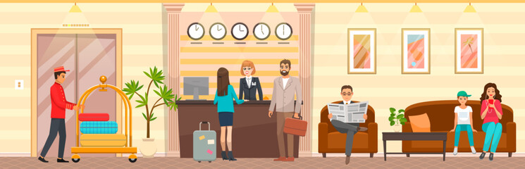 People traveling and staying at hotel with luggage. Happy holiday vacation, recreation concept. Tourist at reception counter. Set of hotel daily routine scenes. Facility staff services visitors, helps