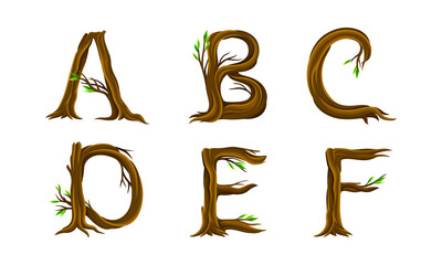 Forest woody alphabet. A,B,C,D,E,F letters made of bent tree branches vector illustration
