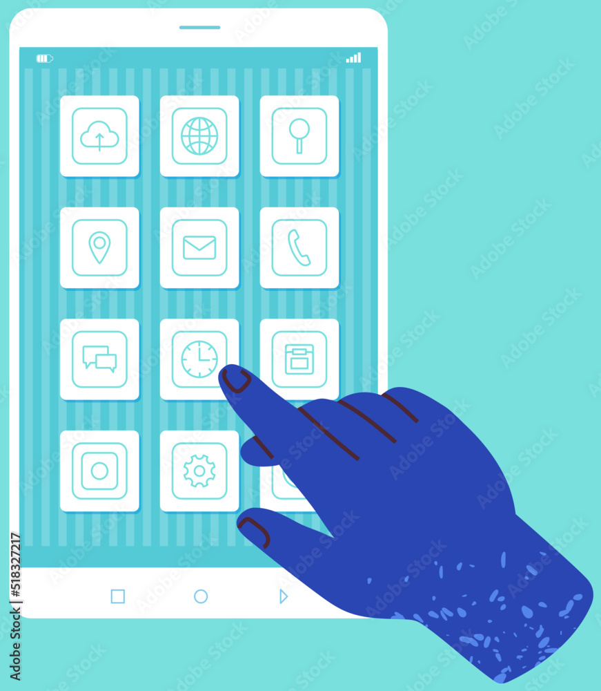Poster arrangement of applications on display. . smartphone home screen interface with program icons. perso