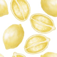 Seamless decorative pattern of lemon watercolor illustrations on a white background