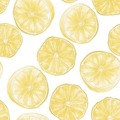 Seamless decorative summer pattern of simple watercolor illustrations of lemon slices