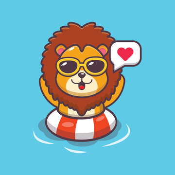 Cute lion cartoon mascot character swim in beach on buoy