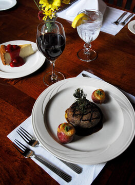 Steak dinner plate at a fancy restaurant