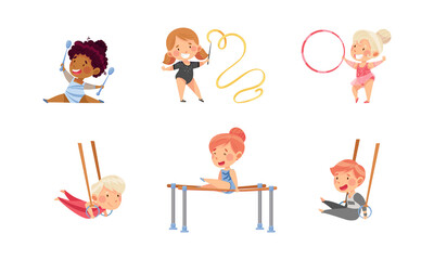 Kids doing rhythmic and sports gymnastics set. Boys and girls exercising with hula hoop, parallel bars and gymnastic rings vector illustration