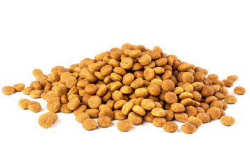 A handful (pile) of dry cat (dog) food on a white isolated background. Balanced nutrition, pet feeding. Template for the design.