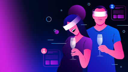 Partying in Metaverse. Making friends or love in VR Illustration. Vector illustration