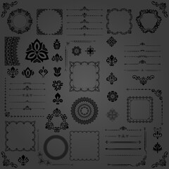 Vintage set of horizontal, square and round black elements. Black elements for backgrounds, frames and monograms. Classic patterns. Set of vintage patterns