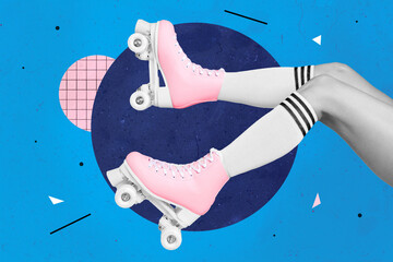 Creative collage picture of cropped woman legs wear roller skates isolated on drawing painting blue background