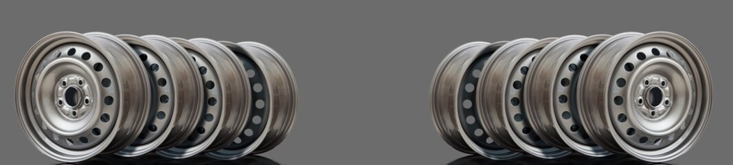 Steel wheel rim on grey background