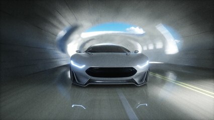 Fototapeta na wymiar Futuristic sci fi tunnel. futuristic sport car. 3d rendering.