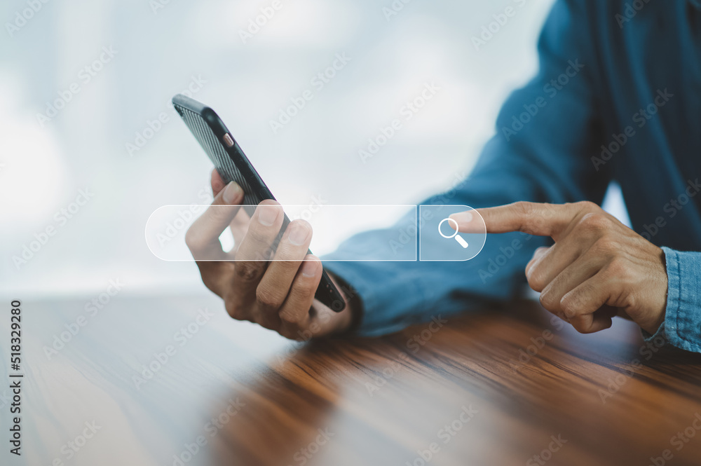 Poster man using smartphone search on internet mobile