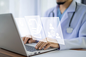 Doctor use computer connection server data base patient for technology treatment in hospital
