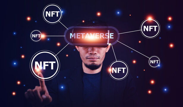 Businessman wearing VR glasses virtual Global Internet connection NFT on metaverse technology concept Innovation of futuristic.