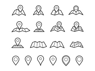 Navigation, location and map line vector icons set containing map with a pin, route map, navigator