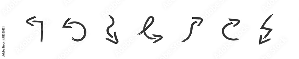 Wall mural hand arrow set. line curve arrow. grunge, draw design, pointer sketch in vector flat
