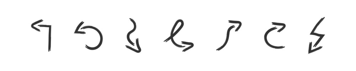 Hand arrow set. Line curve arrow. Grunge, draw design, pointer sketch in vector flat