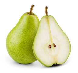 Pears isolated. One and a half green pear fruit on white background. Pear slice. With clipping path. Full depth of field.