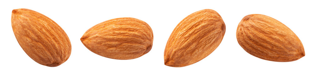 Almond isolated. Almonds on white background. Almond set top view. With clipping path. Full depth of field.