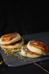 Food photo pancake with flowers. Manti picture.