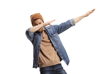Guy in casual clothes making a dab pose